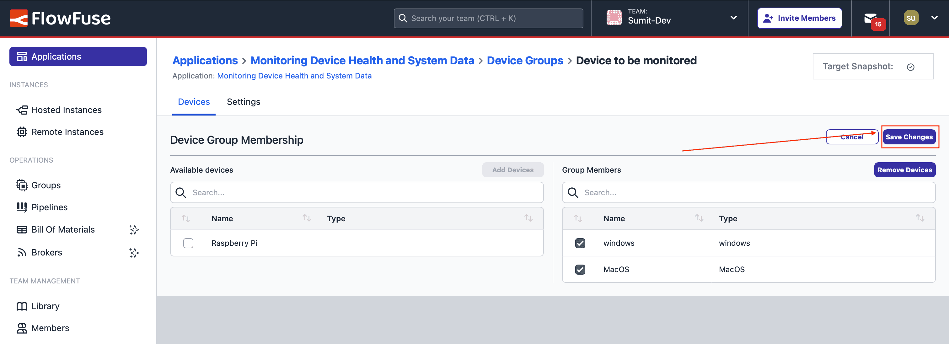 Showing the selected devices we chose to add, along with the 'Save Changes' button.